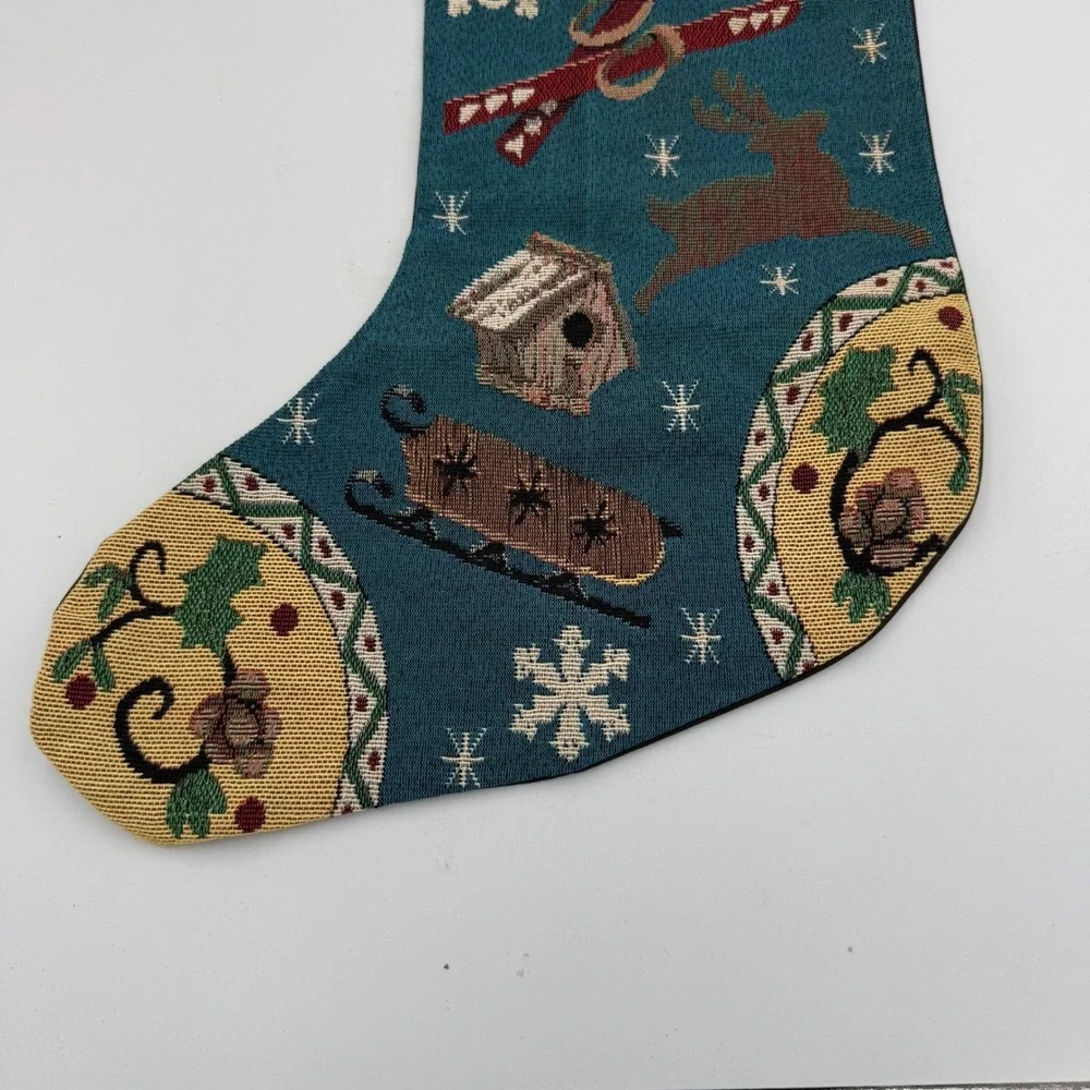 Vintage Tapestry Christmas Stocking Teal Reindeer Skis Sled Winter Scene Woven